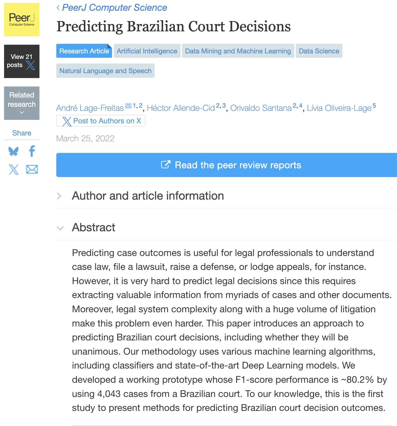 Artigo Predicting Brazilian Court Decisions na PeerJ Computer Science